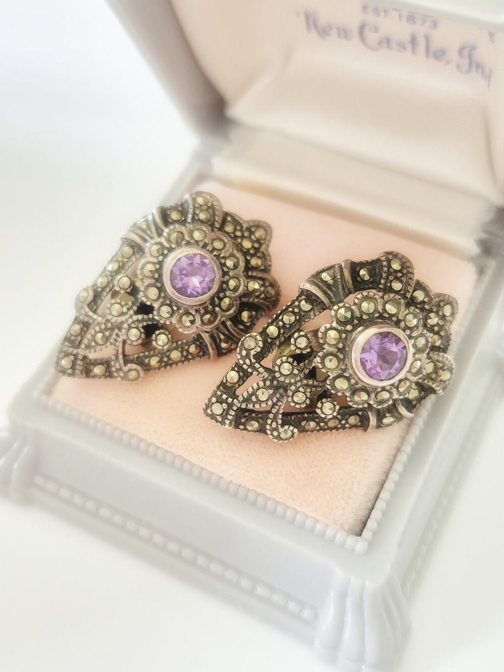 Vintage Sterling Silver Marcasite & Amethyst Clip Earrings